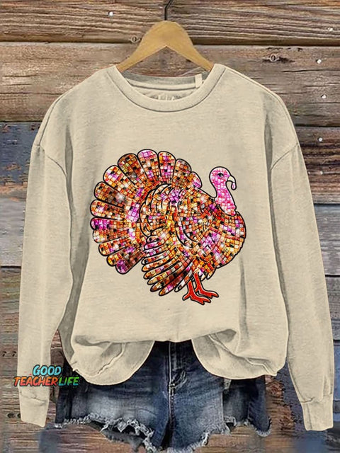 Thanksgiving Turkey Disco Ball Thanksgiving Casual Print Sweatshirt