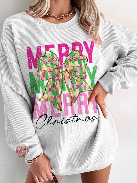 Women's Pink Glitter Christmas Coquette Casual Print Corduroy Sweatshirt