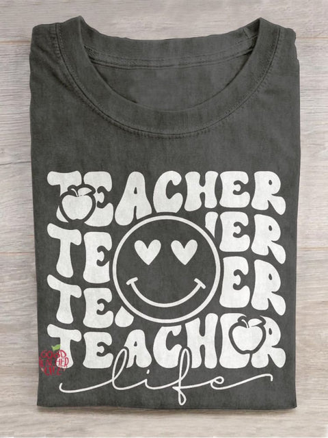 Teacher Life Smiley Face Apple Casual Print T-shirt