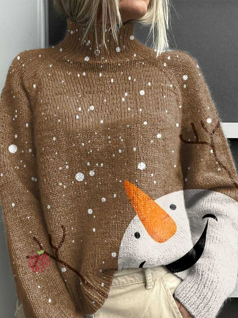 Christmas Snowman Print Knit Turtleneck Pullover Sweater