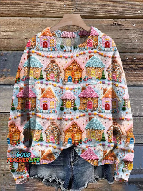 Embroidered Gingerbread Houses Christmas Holiday Print Knit Pullover Sweater