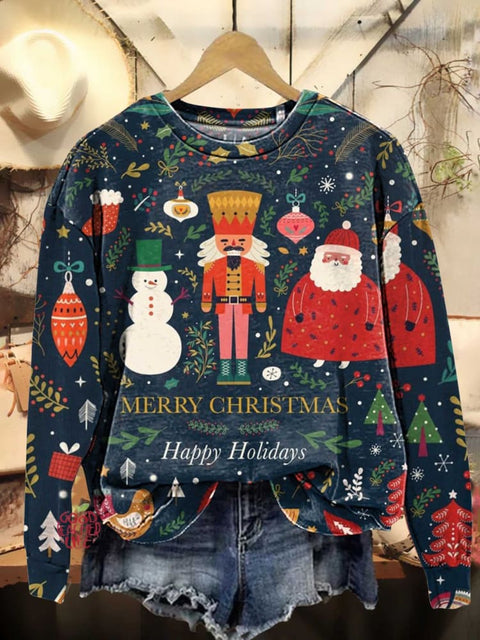 Merry Christmas Happy Holidays Santa Claus Nutcracker Snowman Casual Sweatshirt