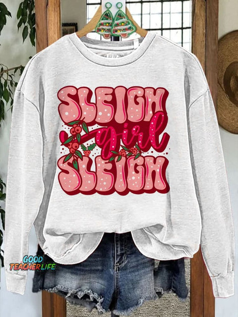 Christmas Pink Sleigh Printed Casual Sweatshirt