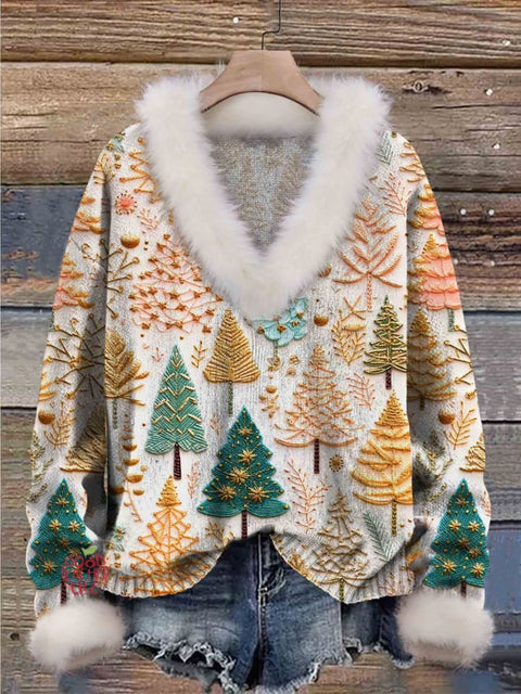 Christmas Tree Print Knit Pullover Fur Collar Sweater