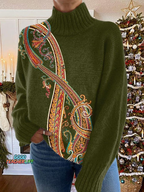 Retro  Flowers  Print Knit Turtleneck Pullover Sweater