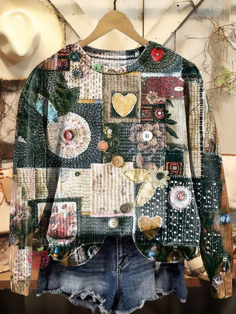 Button Heart Patchwork Art Print Casual Sweatshirt