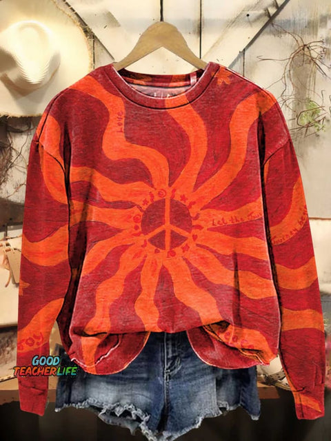 Retro Sun Hippie Peace Sign Love and Peace Pattern Casual Sweatshirt