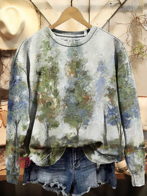 Women's Oil Painting Tree Art Print Casual Sweatshirt