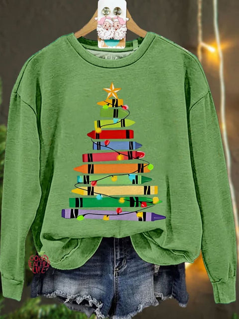 Crayons Tree Colored Lights Teacher Christmas Casual Sweatshirt