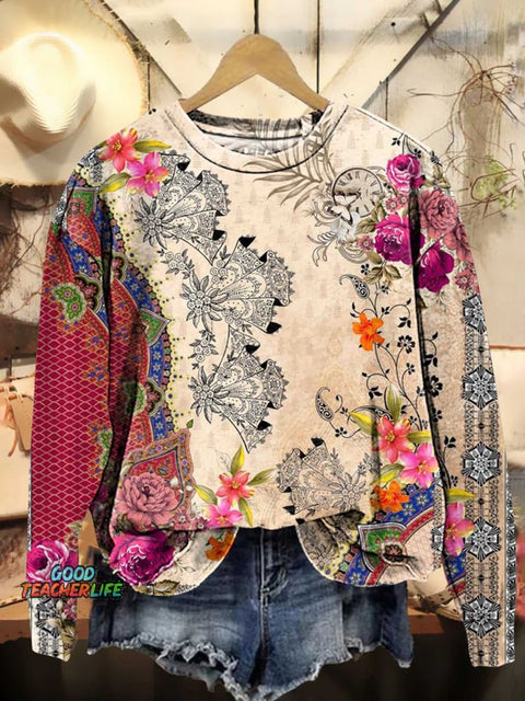 Retro Ethnic Floral Pattern Casual Sweatshirt