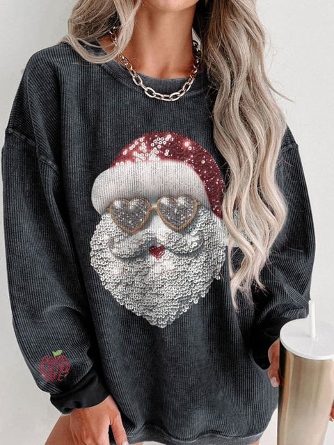 Women's Glitter Christmas Santa Claus with Heart Sunglasses and Christmas Lights Casual Print Shirt