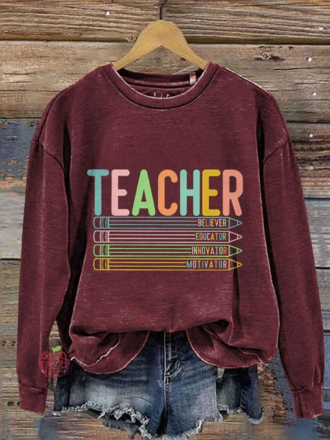 Retro Teacher Casual Print Sweatshirt