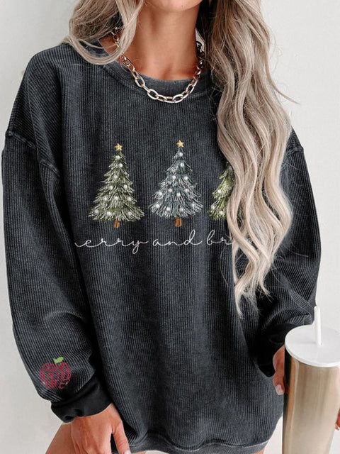 Women's Casual Christmas Tree Print Corduroy Sweatshirt