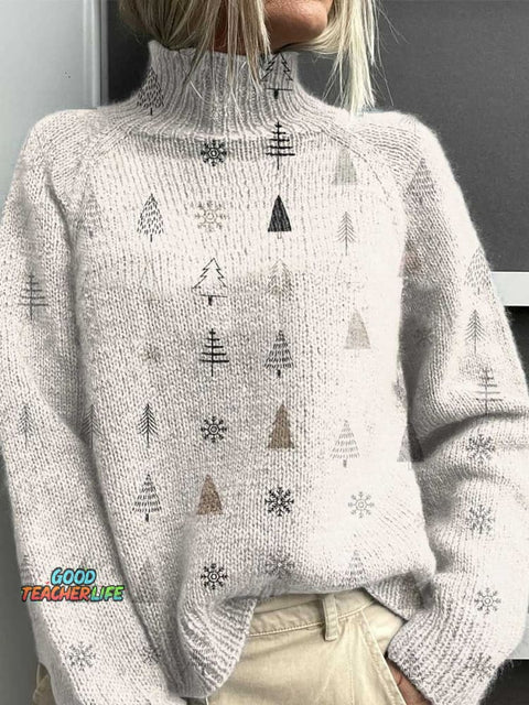 Christmas Tree Print Knit Turtleneck Pullover Sweater