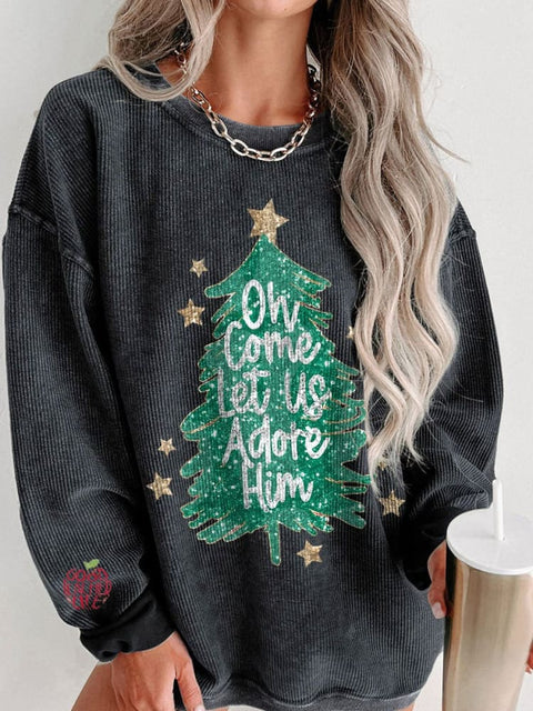 Women's Oh Come Let Us Adore Him Christmas Tree Casual Print Shirt