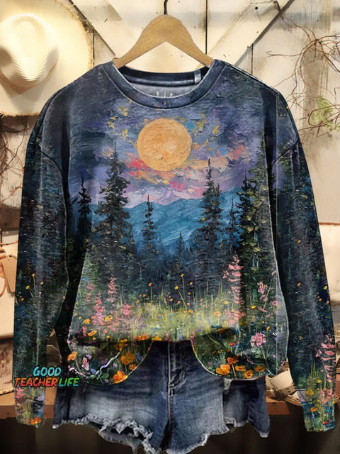 Floral, Forest, Mountains and Moon Art Print Casual Sweatshirt