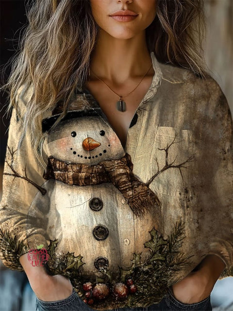 Women's  Retro Snowman Art Print  Casual Long Sleeve Comfortable Cotton Shirt