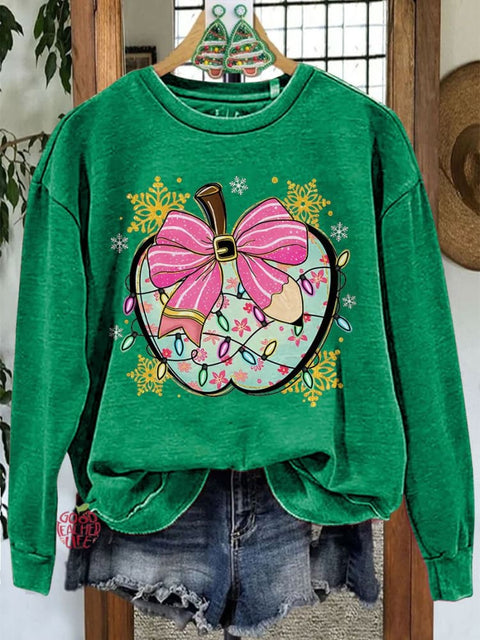 Colorful Glitter Apple Bow Teacher Merry Christmas Casual Sweatshirt