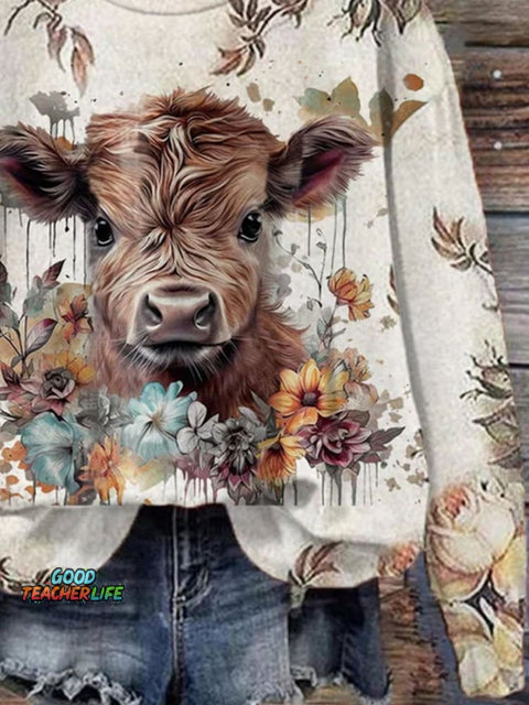 Merry Christmas Cute Highland Cow Highland Cattle Retro Art Print Casual Sweatshirt