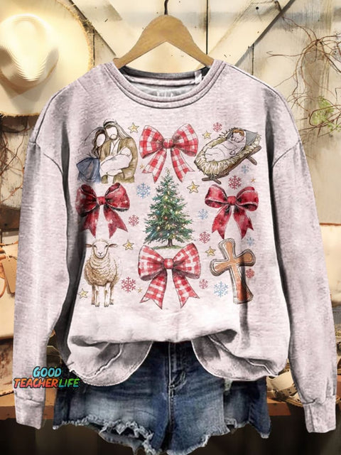 Christmas Tree Bow Jesus Graphic Art Print Casual Sweatshirt