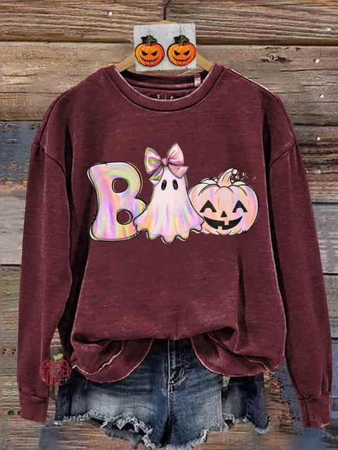 Retro Iridescent Ghost Pumpkin Pink Ghost Halloween Print Sweatshirt