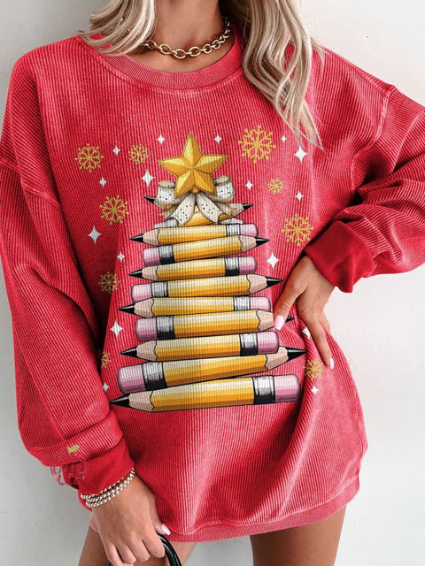 Women's Christmas Pencil Tree Christmas Light Teacher Casual Print Corduroy Sweatshirt