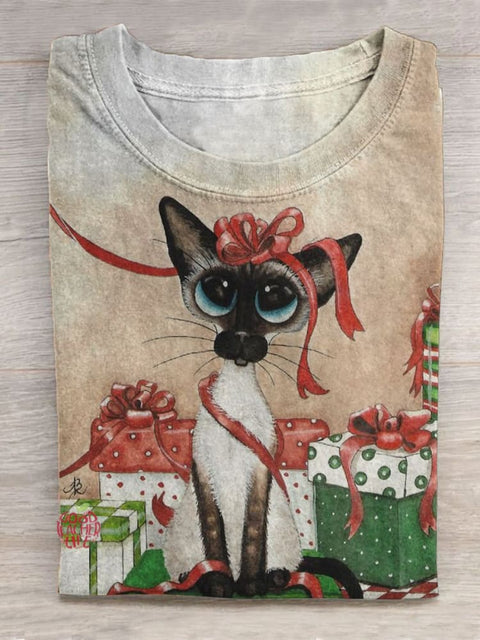 Christmas  Cat Print T-Shirt