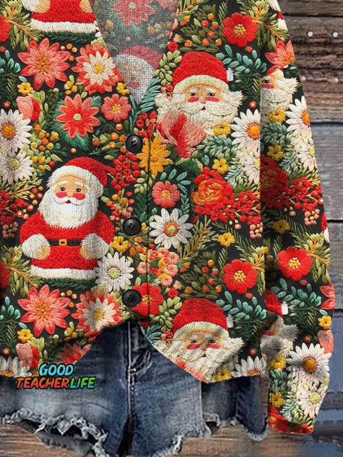 Santa Christmas Print Buttoned V-neck Cardigan Sweater