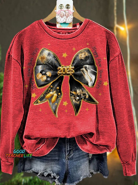 New Year Coquette Bow Gold Glitter Casual  Sweatshirt