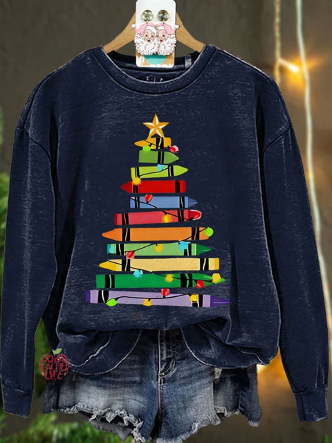 Crayons Tree Colored Lights Teacher Christmas Casual Sweatshirt