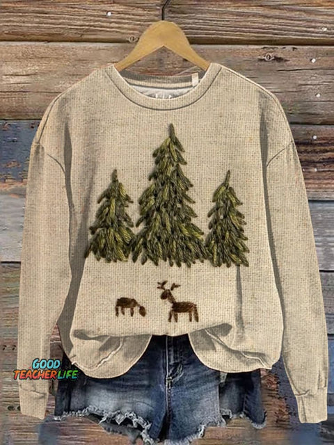 Retro Christmas Tree Art Print Casual Sweatshirt