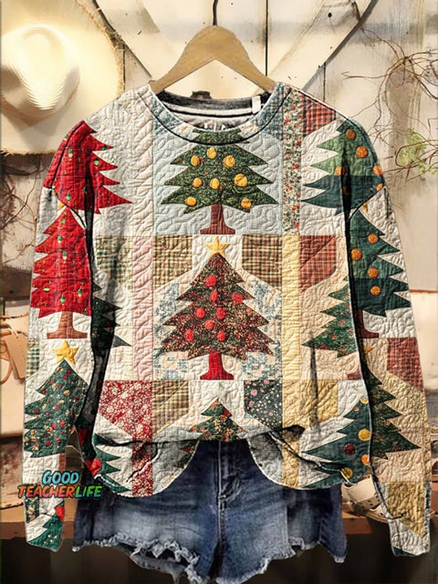 Christmas patchwork Christmas tree Casual  Sweatshirt