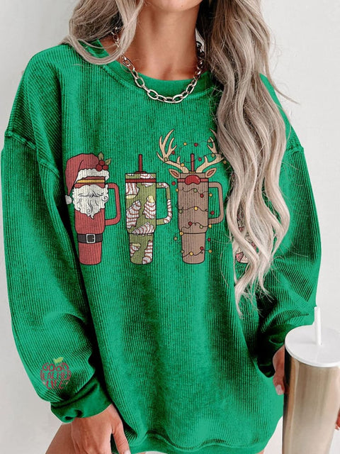 Christmas Retro Cup Women's  Casual Print Corduroy Sweatshirt