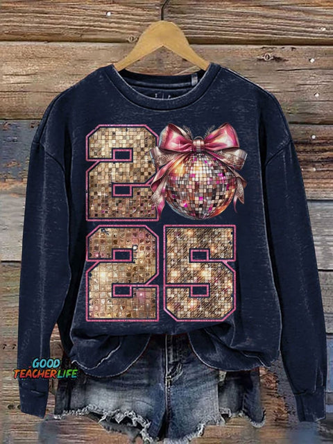 New Year 2025 Disco Ball Casual Print Sweatshirt