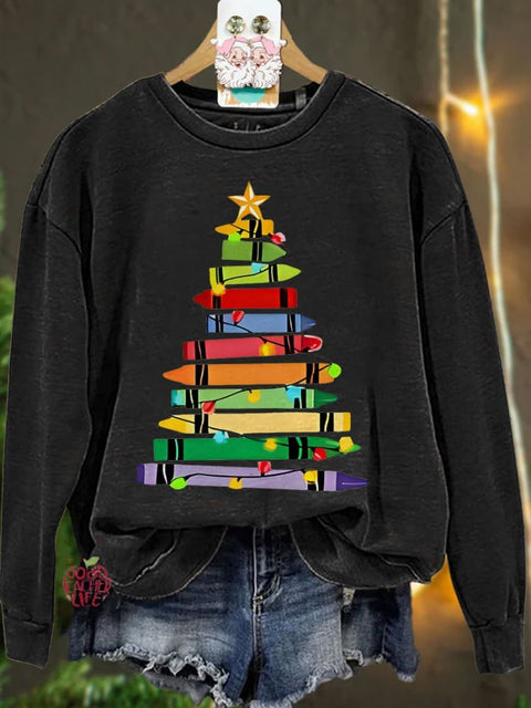 Crayons Tree Colored Lights Teacher Christmas Casual Sweatshirt