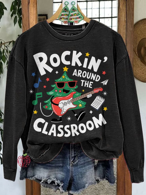 Rockin Around The Classroom Retro Teacher Christmas Casual Sweatshirt