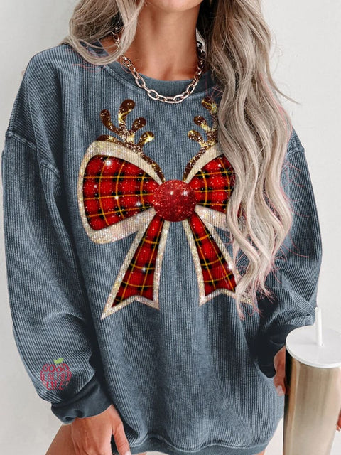 Christmas Reindeer Plaid Bow Print Women's Casual Sweatshirt