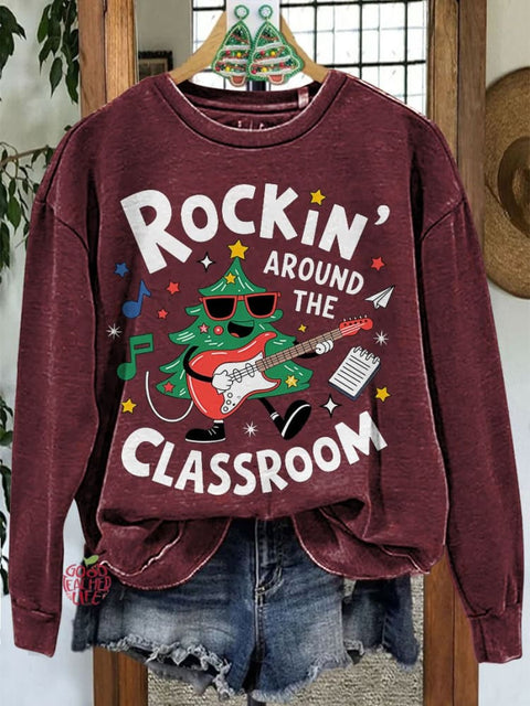 Rockin Around The Classroom Retro Teacher Christmas Casual Sweatshirt