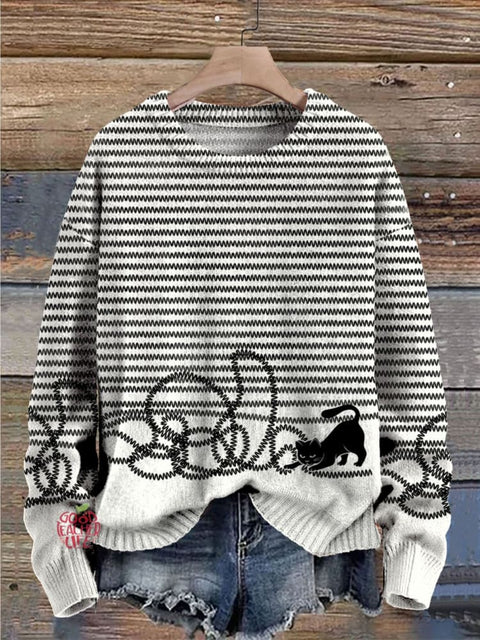 Cute Cat Print Knit Pullover Sweater