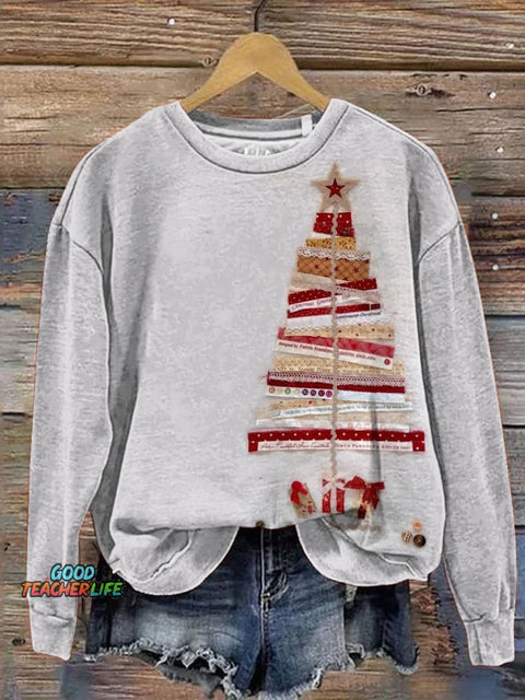 Patchwork Christmas Tree Art Printed Casual Sweatshirt