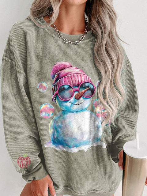 Women's Cute Snowman Sunglasses Christmas Casual Print Corduroy Sweatshirt