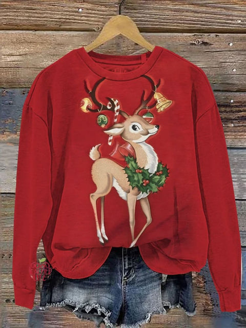 Christmas Reindeer Wreath Decorated Printed Casual Sweatshirt