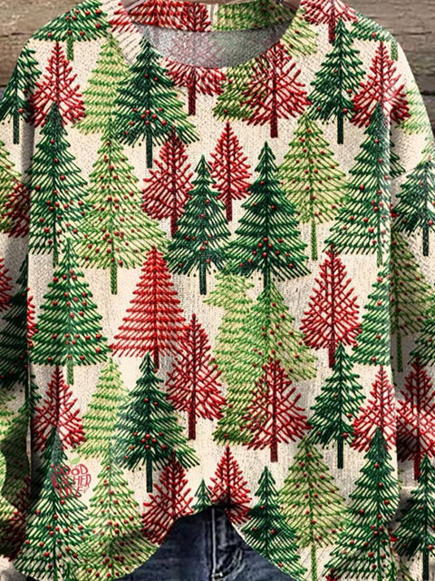 Christmas Trees Print Knit Pullover Sweater