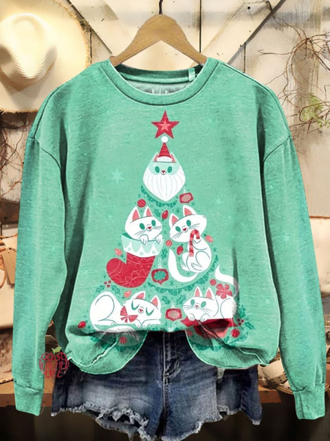 Cat Christmas Tree Art Print Casual Sweatshirt