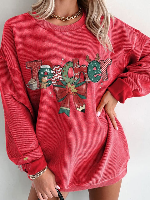 Women's Christmas Teacher Casual Print Corduroy Sweatshirt