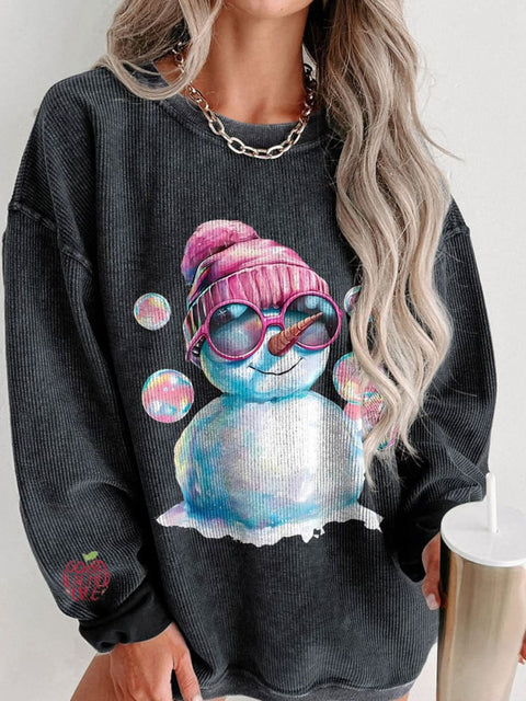 Women's Cute Snowman Sunglasses Christmas Casual Print Corduroy Sweatshirt