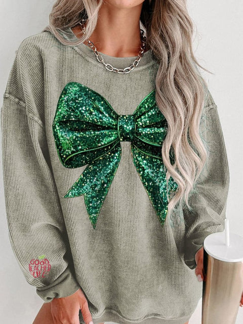 Green Christmas Glitter Bow Print Women's Casual Sweatshirt