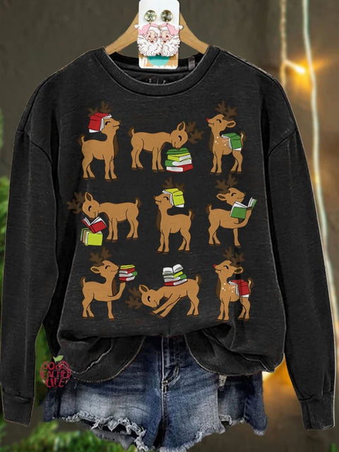 Christmas Reindeer Reading Book Lover Casual  Sweatshirt