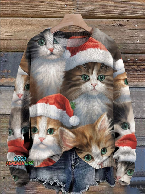 Christmas Hat Cat Print Knit Pullover Sweater