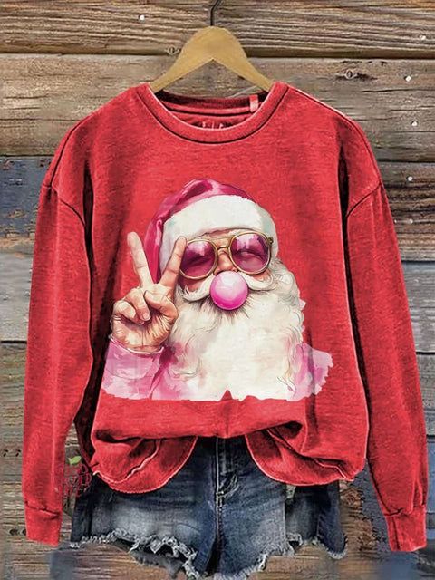 Retro Santa Christmas Blowing Bubble Casual Print Sweatshirt